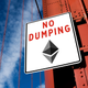 A sign sitting on a metal strut of a bridge reads "no dumping" above the ethereum symbol.